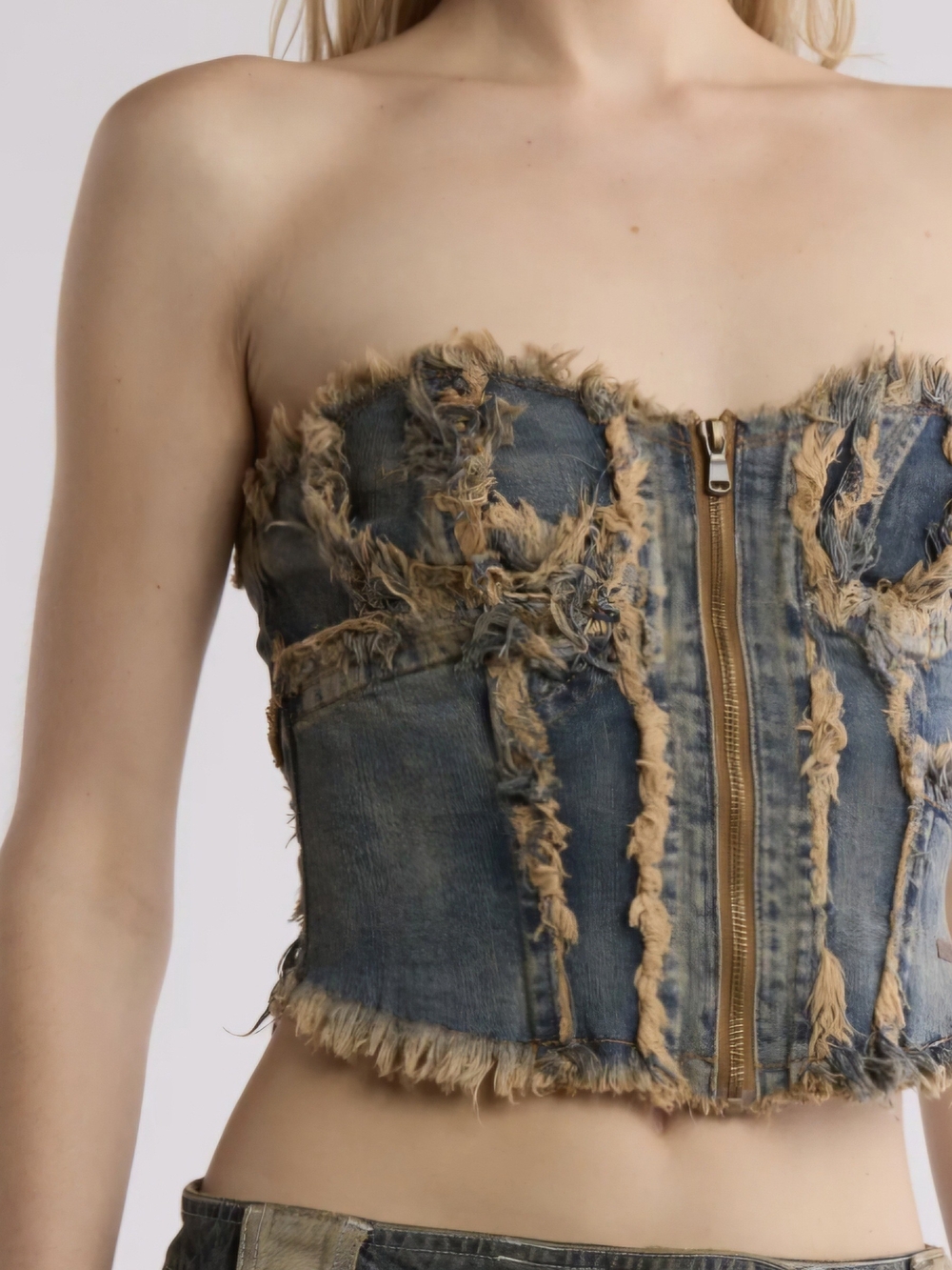 BDG Urban Outfitters Blue Denim Strapless Distressed Corset Top Size L